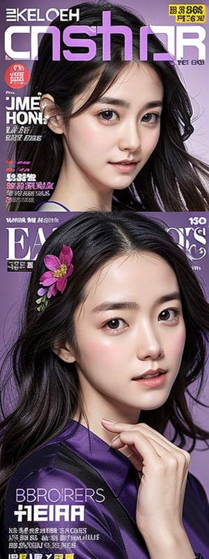 1girl, solo, long hair, looking at viewer, black hair, dress, upper body, flower, short sleeves, black eyes, english text, makeup, cover, lipstick, purple dress, purple shirt, red lips, magazine cover, fake cover
