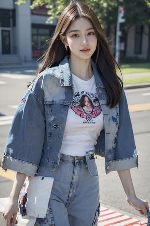 jangwonyoung,1girl,((realistic)), ((hyperrealism)),((best quality)), (((masterpiece))),((ultra high res)),((ultradetailed)), (photorealistic:1.4), idol, (looking at viewer:2), ,detailed face,detailed eyes,outdoors,,wide shot, panorama, dynamic pose, dynamic angle, film grain, Fujifilm XT3,outdoors, smile, walking,(Denim_jacket_with_patched_artwork:1.5),(Graphic_tee:1.4),(Cargo_pants:1.3) [带拼布艺术的牛仔夹克, 图案T恤, 装饰口袋长裤],  