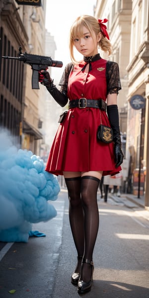 best quality, 4K, masterpiece, 8K, blonde hair, red eyes, bangs, hair ribbon, dress, red ribbon, red dress, pouch, gray dress, gloves, two-tone dress, ammunition pouch, black gloves, grenades, medical pouch, smoke grenades, multicoloured dress, grenades on belt, socks, buttoned dress, kneehighs, weapon, gloves with a pair of yellow stripes, belt, gun, holding, submachine gun, firing, lycoris uniform, collar with blue ribbon, holding weapon, emblem, takes aim, one gun, aim, emblem on forearm, aiming, one weapon, standing, in front of viewer, more detail XL,

