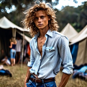 photo, messy hair, guy, twenty-seven years old, looks like Tom Becker, tan skin, 
darkblonde hair, messy hair, curly hair, pretty long hair, 
darkblue eyes, lips opened, abs, strong neck muscles, 
wide open shirt,  shirt, long sleeves rolled up, shirt collar wide open, see through shirt, shirt stretches over body, shirt up to the belly botton, very tight fitting shirt, shirt bottom in short jeans,
bright shoulders, arrogant, narcissistic, sexy, self-confident, condescending
jeans trouser, leather belt, 
in front of a tent at a campsite 
 