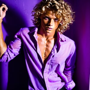 photo, guy, looks like Tom Becker, 
stunned, violet shirt,
 wide open shirt, shirt collar wide open, open shirt, 
twentytwo years old, tan skin, 
messy hair, darkblonde hair, curly hair, half long hair, strands of hair over eyes, 
lips opened, unconscious, sleepy, under drugs, stunned, 
bright shoulders, strong neck muscles, trained chest muscles, abs, perfect body, 
violet shirt, wide open shirt, transparent shirt, thin shirt material,  long sleeves rolled up, shirt stretches over body, skin tight shirt,
 narcissistic, arrogant, sexy, beautiful face, pretty face, tight-fit jeans, leather belt
dancing wild and ecstatic in a disco