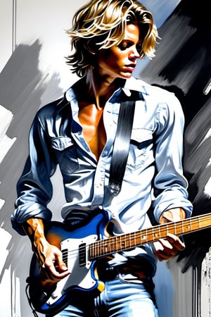 black and white painting, male looks similar to Tom Becker, messy hair, guitar player, twentytwo years old, mid 20s, looks like Tom Becker, detective, 
tan skin, abs, perfect body, bright shoulders, side part hair, blonde hair, messy hair, blue eyes, lips opened, 
half open shirt, light grey shirt, tight fitting shirt, wide open shirt, long sleeves rolled up, see through shirt, shirt stretched, shirt stretches over body, very tight fitting shirt, shirt bottom in jeans, 
jeans trouser, leather belt, white sneakers, 
narcistic, arrogant, condescending, sexy, self-absorbed,
unconscious, sleeping, mouth open,
room, concert hall  
playing guitar 
