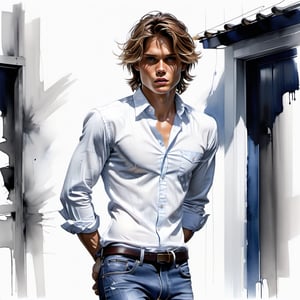 black and white painting, messy hair, guy, looks like Marcus Schenkenberg, twenty years old, tan skin, middle part hair, darkblonde hair, middle length hair,,  strands of hair on the face, darkblue eyes, lips opened, abs, wide open shirt, wet white shirt, long sleeves rolled up, see through shirt, shirt stretched, shirt wide open so you can see the perfect body, shirt collar wide open, shirt opened up to the belly button, very tight fitting shirt, skin_tight-Shirt, bright shoulders, arrogant, shirt bottom in jeans, narcissistic, tight fitting jeans trouser, leather belt, sexy, tight shirt, backyard, Extremely Realistic,Sketch