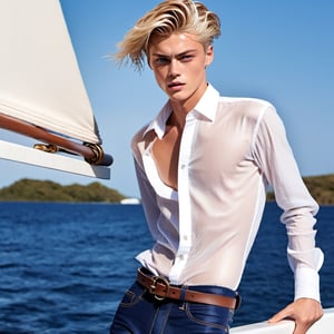 photo shooting, messy hair, guy, looks like Lucky Blue Smith, twenty years old, tan skin, blonde hair, hair shaved on the sides, side hairs shaved, strands of hair on the face, darkblue eyes, lips opened, abs, wide open shirt, wet white shirt, long sleeves rolled up, see through shirt, shirt stretched, shirt stretches over body, shirt collar wide open, very tight fitting shirt, skin_tight-Shirt, bright shoulders, arrogant, shirt bottom in jeans, narcissistic, tight fitting jeans trouser, leather belt, sexy, wet shirt, very tight shirt, on a sailboat,zdyna_pose,Extremely Realistic