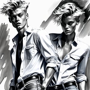 black and white painting, parking spot, cars, messy hair, guy, twenty years old, looks like Lucky Blue Smith, shirt wide open, shirt unbuttoned to the belly button, tan skin, side part hair, blonde hair, hairs shaved on sides,  strands of hair on the face, darkblue eyes, lips opened, abs, wide open shirt, wet white shirt, long sleeves rolled up, see through shirt, shirt stretched, shirt stretches over body, shirt collar wide open, very tight fitting shirt, skin_tight-Shirt, bright shoulders, arrogant, shirt bottom in jeans, narcissistic, tight fitting jeans trouser, leather belt, sexy, hot, wet shirt, very tight shirt, shirt collar tight up over the ears,Sketch