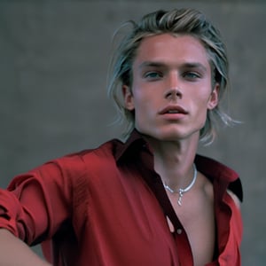 photo, guy, wide open shirt, shirt collar wide open, twentytwo years old, male, tan skin, side part hair, blonde hair, strands of hair over eyes, lips opened, bright shoulders, abs, wide open shirt, long sleeves rolled up, shirt stretches over body, skin tight shirt, narcissistic, arrogant, sexy, beautiful face