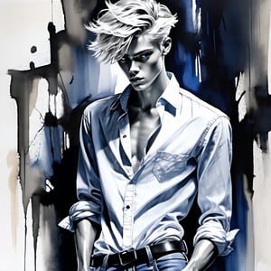 black and white painting, torture chamber , messy hair, guy, twenty years old, looks like Lucky Blue Smith, tan skin, side part hair, blonde hair, hairs shaved on sides,  strands of hair on the face, darkblue eyes, lips opened, abs, wide open shirt, wet white shirt, long sleeves rolled up, see through shirt, shirt stretched, shirt stretches over body, shirt collar wide open, very tight fitting shirt, skin_tight-Shirt, bright shoulders, arrogant, shirt bottom in jeans, narcissistic, tight fitting jeans trouser, leather belt, sexy, hot, wet shirt, very tight shirt, shirt collar tight up over the ears,Sketch