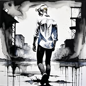 black and white painting, noir comic painting, Duisburg, background, water colour black and white, shadow of a twenty year old guy with blonde hair, reminiscent of Lucky Blue Smith,  a perfect body, white shirt, long sleeves rolled up, wet shirt, black jeans, perfect back, bright shoulders, firm butt, beaten up by punkers