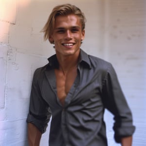photo, guy, wide open shirt, shirt collar wide open, open shirt, twentytwo years old, tan skin, side parted hair, darkblonde hair, strands of hair over eyes, lips opened,  bright shoulders, strong neck muscles, abs, perfect body,  wide open shirt, transparent shirt, thin shirt material,  long sleeves rolled up, shirt stretches over body, skin tight shirt, narcissistic, arrogant, sexy, beautiful face, pretty face, 