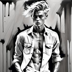 black and white painting, parking spot, messy hair, guy, twenty years old, looks like Lucky Blue Smith, shirt wide open, shirt open to the belly button, shirt unbuttoned to the belly button tan skin, side part hair, blonde hair, hairs shaved on sides,  strands of hair on the face, darkblue eyes, lips opened, abs, wide open shirt, wet white shirt, long sleeves rolled up, see through shirt, shirt stretched, shirt stretches over body, shirt collar wide open, very tight fitting shirt, skin_tight-Shirt, bright shoulders, arrogant, shirt bottom in jeans, narcissistic, tight fitting jeans trouser, leather belt, sexy, hot, wet shirt, very tight shirt, shirt collar tight up over the ears,Sketch