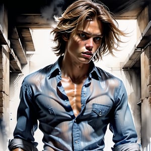 black and white painting, dark cellar, messy hair, guy, looks like Marcus Schenkenberg, wide open shirt, twenty years old, tan skin, middle part hair, darkblonde hair, middle length hair, strands of hair on the face, blue eyes, lips opened, abs, open shirt, wide open shirt, wet white shirt, long sleeves rolled up, see through shirt, shirt stretched, shirt wide open so you can see the perfect body, shirt collar wide open, shirt opened up to the belly button, very tight fitting shirt, skin_tight-Shirt, bright shoulders, arrogant, shirt bottom in jeans, narcissistic, tight fitting jeans trouser, leather belt, sexy, tight shirt, aggressive, angry, arrogant, ready to fight,   Extremely Realistic,Sketch