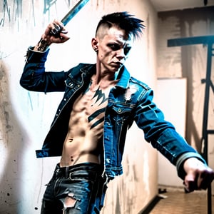 photo shooting, 
brutal guy, mid-twenty, dark hair, shaved hairs, 
jeans jacket, punker,
thin guy, abs, scar on face, 
aggressive, dancing in a room,
arms whirling,
holds a metal hammer his left hand
