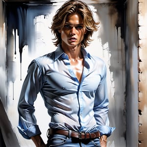 black and white painting, dark cellar, messy hair, guy, looks like Marcus Schenkenberg, wide open shirt, twenty years old, tan skin, middle part hair, darkblonde hair, middle length hair, strands of hair on the face, blue eyes, lips opened, abs, open shirt, wide open shirt, wet white shirt, long sleeves rolled up, see through shirt, shirt stretched, shirt wide open so you can see the perfect body, shirt collar wide open, shirt opened up to the belly button, very tight fitting shirt, skin_tight-Shirt, bright shoulders, arrogant, shirt bottom in jeans, narcissistic, tight fitting jeans trouser, leather belt, sexy, tight shirt, lying on floor,  Extremely Realistic,Sketch