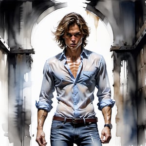 black and white painting, dark cellar, messy hair, guy, looks like Marcus Schenkenberg, wide open shirt, twenty years old, tan skin, middle part hair, darkblonde hair, middle length hair, strands of hair on the face, blue eyes, lips opened, abs, open shirt, wide open shirt, wet white shirt, long sleeves rolled up, see through shirt, shirt stretched, shirt wide open so you can see the perfect body, shirt collar wide open, shirt opened up to the belly button, very tight fitting shirt, skin_tight-Shirt, bright shoulders, arrogant, shirt bottom in jeans, narcissistic, tight fitting jeans trouser, leather belt, sexy, tight shirt, aggressive, angry, arrogant, ready to fight,   Extremely Realistic,Sketch