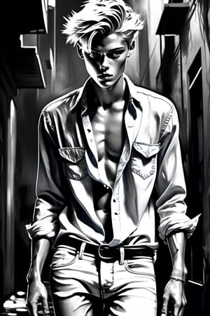 black and white painting, dark alley, messy hair, guy, twenty years old, looks like Lucky Blue Smith, shirt open to belly button, shirt wide open, shirt unbuttoned to the belly button, tan skin, side part hair, blonde hair, hairs shaved on sides,  strands of hair on the face, darkblue eyes, lips opened, abs, wide open shirt, wet white shirt, long sleeves rolled up, see through shirt, shirt collar wide open, shirt stretched, shirt stretches over body, shirt collar wide open, very tight fitting shirt, skin_tight-Shirt, bright shoulders, arrogant, shirt bottom in jeans, narcissistic, tight fitting jeans trouser, leather belt, white sneakers, sexy, wet shirt, very tight shirt, arrogant, posing, aggressive, angry, walking, Sketch