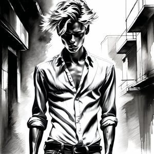 black and white painting, dark alley, messy hair, guy, twenty years old, looks like Lucky Blue Smith, shirt open to belly button, shirt wide open, tan skin, side part hair, blonde hair, hairs shaved on sides,  strands of hair on the face, closed eyes, unconscious, lips wide open, abs, wide open shirt, wet white shirt, long sleeves rolled up, see through shirt, shirt collar wide open, shirt stretched, shirt stretches over body, shirt collar wide open, very tight fitting shirt, skin_tight-Shirt, bright shoulders, arrogant, shirt bottom in jeans, narcissistic, tight fitting jeans trouser, leather belt, white sneakers, sexy, wet shirt, very tight shirt, arrogant, posing, aggressive, angry, falling down, Sketch