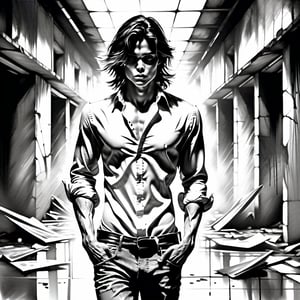 black and white painting, dark cellar, messy hair, long hair, guy, looks like Tom Becker, wide open shirt, twenty years old, tan skin, middle part hair, darkblonde hair, long hair, strands of hair on the face, blue eyes, lips opened, abs, open shirt, wide open shirt, wet white shirt, long sleeves rolled up, see through shirt, shirt stretched, shirt wide open so you can see the perfect body, shirt collar wide open, shirt opened up to the belly button, very tight fitting shirt, skin_tight-Shirt, bright shoulders, arrogant, shirt bottom in jeans, narcissistic, tight fitting jeans trouser, leather belt, sexy, tight shirt, aggressive, angry, arrogant, 
walking through deserted corridors,   Extremely Realistic,Sketch