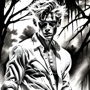 black and white painting, forest path, messy hair, guy, twenty years old, looks like Lucky Blue Smith, shirt wide open, shirt open to the belly button, shirt unbuttoned to the belly button tan skin, side part hair, blonde hair, hairs shaved on sides,  strands of hair on the face, darkblue eyes, lips opened, abs, wide open shirt, wet white shirt, long sleeves rolled up, see through shirt, shirt stretched, shirt stretches over body, shirt collar wide open, very tight fitting shirt, skin_tight-Shirt, bright shoulders, arrogant, shirt bottom in jeans, narcissistic, tight fitting jeans trouser, leather belt, sexy, hot, wet shirt, very tight shirt, shirt collar tight up over the ears,Sketch