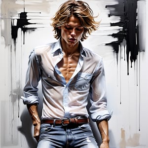 black and white painting, Duisburg, messy hair, guy, looks like Marcus Schenkenberg, wide open shirt, twenty years old, sleeping, tan skin, middle part hair, darkblonde hair, middle length hair, strands of hair on the face, closed eyes, lips opened, abs, open shirt, wide open shirt, wet white shirt, long sleeves rolled up, see through shirt, shirt stretched, shirt wide open so you can see the perfect body, shirt collar wide open, shirt opened up to the belly button, very tight fitting shirt, skin_tight-Shirt, bright shoulders, arrogant, shirt bottom in jeans, narcissistic, tight fitting jeans trouser, leather belt, sexy, tight shirt, lying on floor,  Extremely Realistic,Sketch