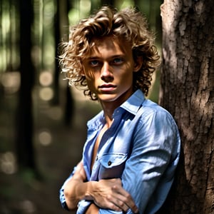 photo, in a wood, messy hair, guy, twenty-seven years old, looks like Tom Becker, tan skin, 
darkblonde hair, messy hair, curly hair, pretty long hair, 
darkblue eyes, lips opened, abs, strong neck muscles, 
wide open shirt,  shirt, long sleeves rolled up, shirt collar wide open, see through shirt, shirt stretches over body, shirt up to the belly botton, very tight fitting shirt, shirt bottom in short jeans,
bright shoulders, arrogant, narcissistic, sexy, self-confident, condescending
jeans trouser, leather belt, 
in a wood
 