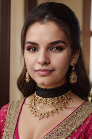 1girl, solo, long hair, looking at viewer, brown hair, brown eyes, jewelry, earrings, parted lips, teeth, choker, lips, black choker, portrait, forehead, realistic,full view,photography