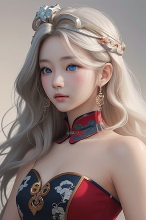 Upper body, beautiful Chinese girl, red handy, wearing jewelry on head, shoulder length white wavy hair, front view, looking into the camera, artist Sargent colors, realistic facial features, beautiful lighting, blue eyes, extremely beautiful facial details and delicate eyes, clear and three-dimensional facial features, 32k--s180