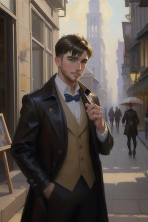 Portrait  of a 30 year old brutal man in a (coat), vest, gold brooch, city street in the background, perfect anatomy, best quality, ((, oil painting, visible brushstrokes, impressionist painting, by Andrew Atroshenko, by Anna Dittmann, trending on artstation)), artstation sample, complex, highly detailed digital painting, smooth, sharp focus,
