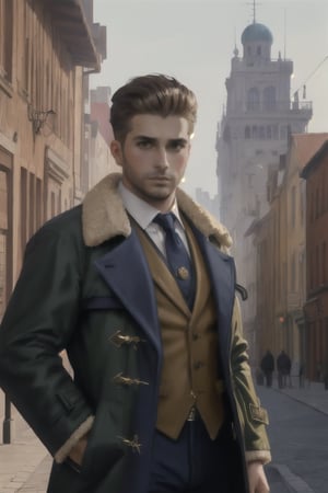 Portrait  of a 30 year old brutal man in a (coat:1.5), vest, gold brooch, city street in the background, perfect anatomy, best quality, ((cotton paper canvas, style Artemisia Gentileschi, Étienne Sandorfi,)), artstation sample, complex, highly detailed digital painting, smooth, sharp focus,