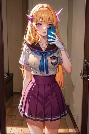 [wet, oiled, lubed, shiny skin, dripping, pussy juice, bodily fluids, sweat, wet skin, liquid streaks], 3d, blender
 1girl, blonde hair, very long hair, teldmk, + +, nude, hair ornament, school_uniform, white gloves, purple skirt, purple_eyes,
1girl, mirror, selfie, holding phone, school uniform,  ,nsfw