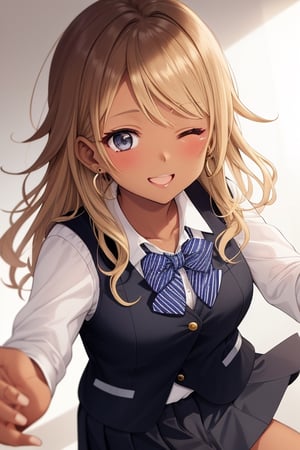 high resolution
1girl
17 years old
(blonde hair)
(one eye closed)
(((peace)))
((dark skin))
(school uniform)
(Indigo vest)
(black skirt)
middle hair
straight hair
black eyes
earrings
(((five fingers)))