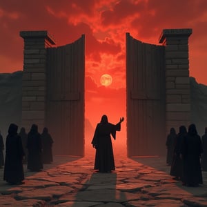 A desolate landscape stretches out beneath a blood-Red sky, ashen hues casting long shadows across cracked earth. A lone figure, shrouded in dark robes, stands poised before an ancient stone gate, glowing runes etched into its weathered surface. The gate's massive wooden slats creak open, revealing a void shrouded in swirling mists. The figure extends their hand, palm upwards, towards the churning mist, while shadowy silhouettes gather behind, their faces obscured by darkness, watching with an air of silent anticipation.