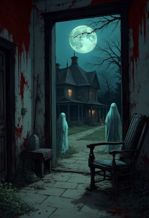 A haunting dusk shot frames a decrepit house at town's edge, with walls bearing eerie, crimson stains that appear to seep like a malevolent entity. The setting sun casts long shadows, emphasizing the foreboding atmosphere. In the foreground, ghostly apparitions reenact the traumatic event, their ethereal forms frozen in anguish as they relive their terrible fate, bathed in an unsettling, moonlit glow.