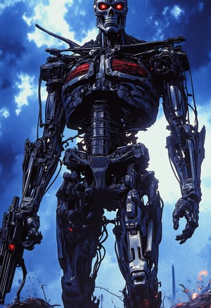 A menacing Terminator, its metallic body scarred and exposed, towers over a desolate wasteland. Dark clouds shroud the sky, casting an ominous shadow from the massive spaceship looming behind. Cool blue lighting accentuates the cyborg's skeletal face, with glowing red eyes, as it prepares to unleash destruction with its minigun. The atmosphere is one of fear, despair, and apocalyptic dread.