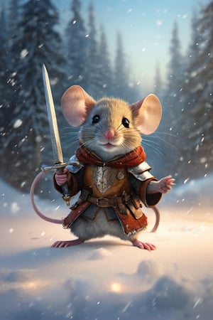 Hyper-detailed  painting, Jean-Baptiste Monge style, a cute little mouse in the snow dressed as a fearsome knight, splash, glittering, cute and adorable, filigree, lights, fluffy, magic, surreal, fantasy, digital art, ultra hd, hyper-realistic illustration, vivid colors, UHD, cinematic perfect light,

greg rutkowski, Extremely Realistic