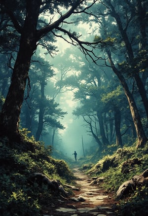 A misty veil shrouds the dense forest, casting dappled shadows on the worn dirt path. Tall trees loom, their branches tangled above, filtering out most of the sunlight, leaving only eerie moonlight to guide. The protagonist stands at the midpoint, surrounded by the dark silence, with the once-clear path now obscured and uncertain.