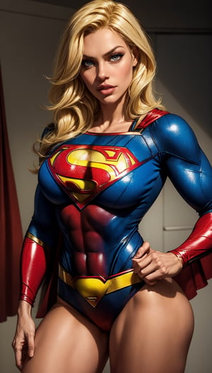 superwoman, blonde hair, superman costume, poking nipples under clothes