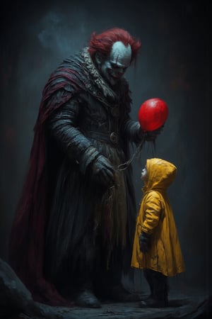 A haunting portrait: a menacing clown grasps a crimson balloon against a backdrop of foreboding darkness and misty gloom. The clown's gaze fixes on a wide-eyed youngster clad in a bright yellow raincoat, transfixed by the balloon as if under its spell. The atmosphere is heavy with foreboding, a sense of unease pervades this eerie scene.