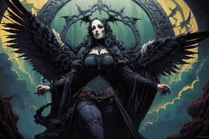 (((gothic angel with long dark wings))), beautifully dressed with a cutout in the middle of her chest, long hair flowing down her body, (((Gothic artstyle))), ((((artstyle based of Donato Giancola)))), 