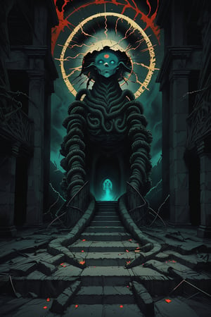 A lone figure ascends a crumbling stone staircase that leads to a colossal eye in the sky, representing the unknown. Serpents coil around the steps, while ethereal flames light the way. The scene is suffused with an eerie glow as arcane symbols pulse with power in the shadows.,nodf_lora, 