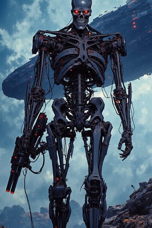 The image depicts a menacing cyborg, most likely a Terminator, standing in a post-apocalyptic landscape. The cyborg's metallic body is heavily damaged, with exposed wires and circuitry, but it still exudes an aura of power and intimidation. Its skeletal face, with glowing red eyes, is particularly terrifying.
In the background, a massive, dark spaceship looms over the scene, casting a sinister shadow. The sky is filled with thick, dark clouds, creating a foreboding atmosphere. The entire image is bathed in a cool, bluish light, further emphasizing the sense of danger and despair.
The cyborg is armed with a powerful minigun, suggesting that it is a formidable combatant. Its posture is aggressive, as if it is preparing to engage in battle. The overall impression of the image is one of fear, destruction, and a bleak future.
