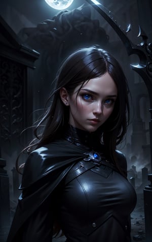 1girl, adult british woman,  blue eyes, brown blowout hair, portrait, solo, half shot, looking at viewer, detailed background, detailed face, (Void3nergy, void theme:1.1)  ethereal  emissary of death,   dynamic pose, reaper,  scythe, rot, floating particles,  cold, underworld, graveyard in background, rats in background, fog, dark clouds, moonlit night,  sinister dark atmosphere