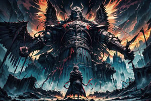 Masterpiece, beautiful details, perfect focus, uniform 8K wallpaper, high resolution, exquisite texture in every detail, a angel-like figure rising up above a burning castle and pouring thick ribbons of blood into a giant chalice. A monstrous beast stands guard and shields the arcane process from view with its black wings, nodf_lora