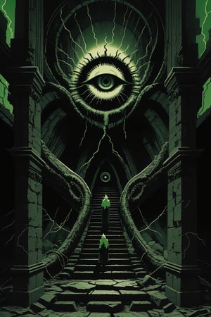 A lone figure ascends a crumbling stone staircase that leads to a colossal eye in the sky, representing the unknown. Serpents coil around the steps, while ethereal flames light the way. The scene is suffused with an eerie glow as arcane symbols pulse with power in the shadows.,nodf_lora,,green theme