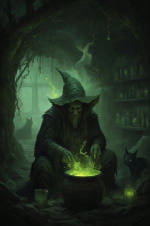 Deep within a fog-shrouded ancient forest, a mysterious hut emerges from the mist. Inside, a wicked witch hunches over a bubbling cauldron, stirring a toxic green potion as tendrils of smoke curl upward, illuminating her gnarled fingers grasping a wooden spoon. The dimly lit room is cluttered with strange ingredients: jars of preserved eyes, dried herbs, animal bones, and glowing crystals. Flickering candlelight casts long shadows across the walls, where a black cat watches with piercing green eyes in the background. A dark, eerie atmosphere pervades, exuding mystery, danger, and an aura of dark magic.