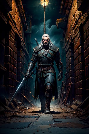 Masterpiece, beautiful details, perfect focus, uniform 8K wallpaper, high resolution, exquisite texture in every detail, The witcher walks through a foggy dark brick hallway, which is sparsely lit with torches hanging in holders on the wall, with his left hand he has drawn his silver sword and points it to the ground, the steel sword is in the sheath on his back,  a grim expression on his face, his medallion hangs visibly around his neck, his eyes glow slightly red through the darkness, view from the front, full body, nodf_lora,  beard,  yellow eyes,  armor,  chainmail ,