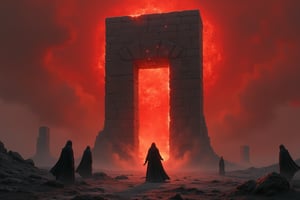 A desolate landscape beneath a blood-red sky, where a figure clad in dark robes stands before a massive, ancient stone gate inscribed with glowing runes. The gate opens into a void filled with swirling mists, and the figure extends their hand towards it, while shadowy figures linger in the background, watching silently