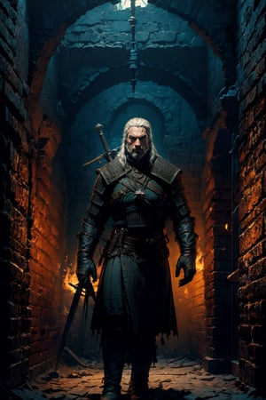 Masterpiece, beautiful details, perfect focus, uniform 8K wallpaper, high resolution, exquisite texture in every detail, The witcher walks through a dark brick hallway, which is sparsely lit with torches hanging in holders on the wall, with his left hand he has drawn his silver sword and points it to the ground, the steel sword is in the sheath on his back,  a grim expression on his face, his medallion hangs visibly around his neck, his cat eyes glow slightly red through the darkness, view from the front, full body, nodf_lora,  beard,  yellow eyes,  armor,  chainmail ,
