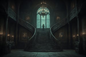 This image depicts the grand interior of a gothic mansion, steeped in mystery and dark elegance, evoking a classic haunted house ambiance.

- **The staircase**: At the center of the image is a large, sweeping staircase that ascends in two directions, forming a dramatic focal point. The staircase is made of dark wood, with intricately carved bannisters that give a sense of grandeur. The shadows cast by the wood add a haunting depth.

- **Chandelier**: Hanging from the high ceiling is a large, ornate chandelier, illuminating the room with a dim, ghostly light. The chandelier's design fits the gothic style, with multiple candles casting flickering shadows across the room.

- **Walls and pillars**: The walls are lined with dark wood paneling, intricately carved with gothic motifs and designs. Large pillars on either side of the staircase add a sense of weight and structure to the room, giving it a cathedral-like atmosphere.

- **Portraits and candles**: Several old portraits hang on the walls, their figures painted in dark tones, further enhancing the unsettling mood. These portraits likely represent the former inhabitants of the mansion, their expressions somber and foreboding. On both sides of the room, tall candelabras hold more candles, adding to the flickering, eerie light in the space.

- **Windows and lighting**: Behind the staircase is a large arched window, with opaque glass, allowing a faint greenish-blue glow to seep through. This light is dim, almost moonlike, contributing to the overall gloomy and supernatural feel. The muted lighting adds mystery, making the room feel uninhabited yet watched.

- **Flooring**: The wooden floor is slightly worn, suggesting that while the mansion is old, it has stood the test of time. The floorboards creak with history, perhaps hiding secrets beneath them.

This image conveys an atmosphere of decay and grandeur, as if this mansion was once magnificent but now holds untold dark stories within its walls. It could easily serve as a setting for a gothic horror narrative or a haunted estate.