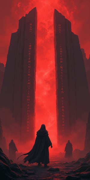 A desolate landscape beneath a blood-red sky, where a figure clad in dark robes stands before a massive, ancient stone gate inscribed with glowing runes. The gate opens into a void filled with swirling mists, and the figure extends their hand towards it, while shadowy figures linger in the background, watching silently