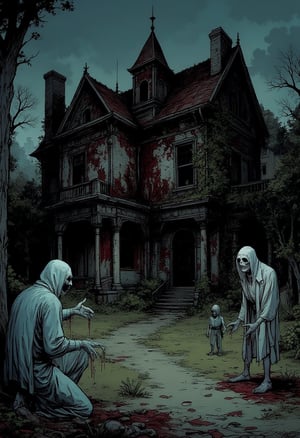 A haunting illustration of a decaying house, shrouded in darkness, with crimson-stained walls that appear to seep like a malevolent entity. The once-grand facade now crumbles, overgrown with vines and debris, as if time itself is trying to erase the horrific events that transpired within. In the dead of night, ethereal apparitions reenact the traumatic occurrences, their translucent forms trapped in a perpetual cycle of despair.